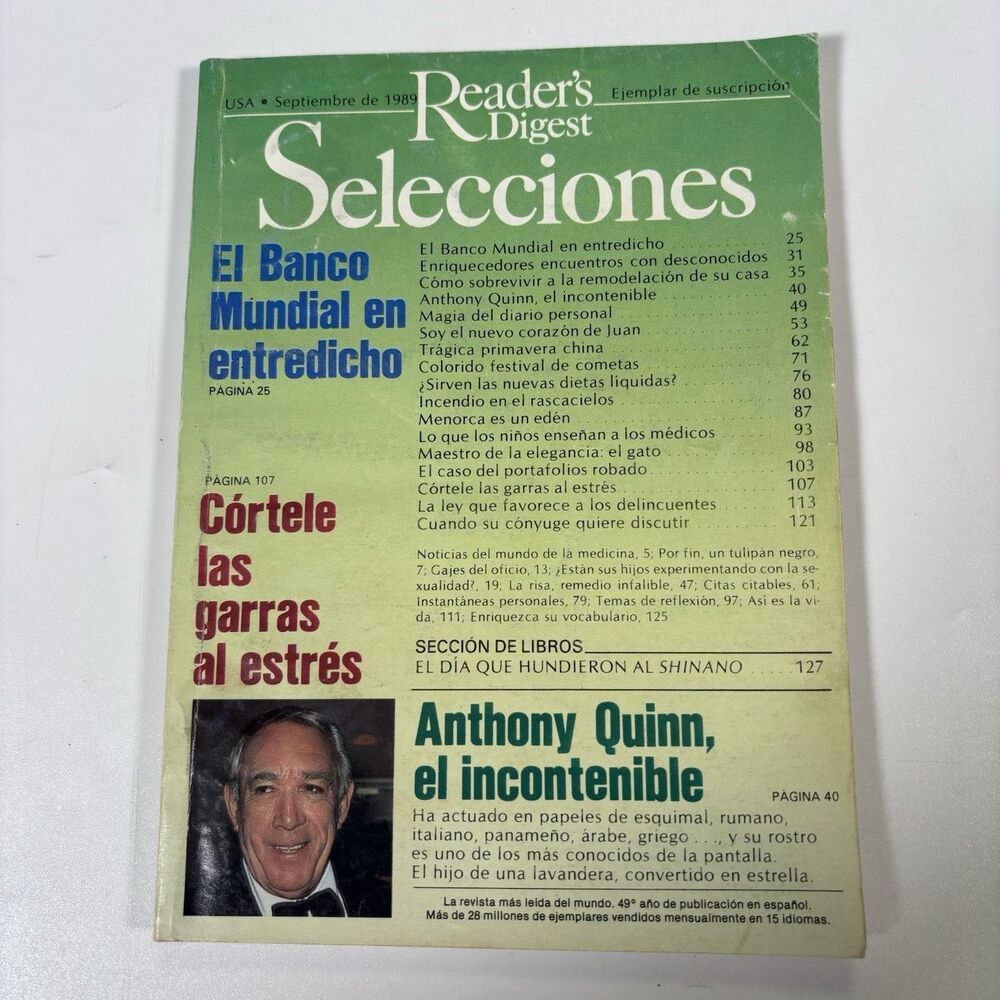 Selecciones Reader’s Digest 1989 Español Spanish revista Anthony Quinn SHINANO